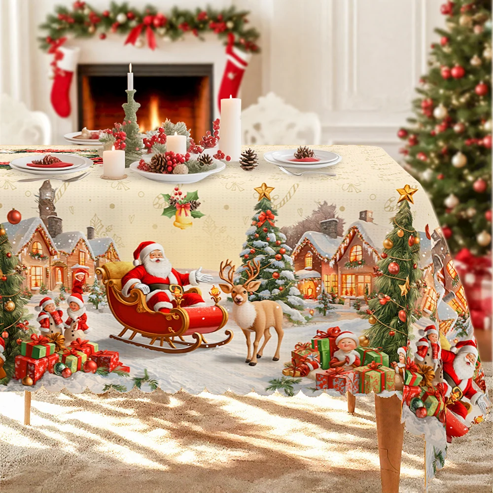 Christmas tablecloth, with red decorations, featuring patterns of Santa Claus, reindeer, Christmas tree, gifts and houses.zyc
