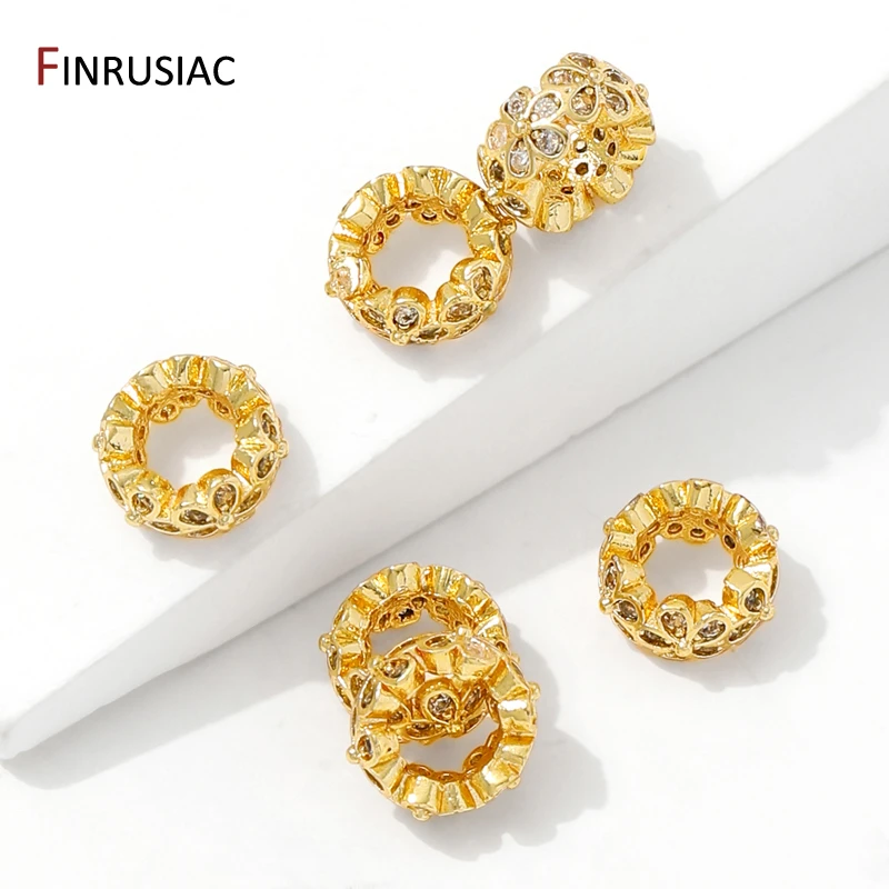 14/18K Gold Plated Brass Zircon Large Hole Beads Round Flat Spacer Beads For Bracelet,Beads Separator,DIY Jewelry Accessories