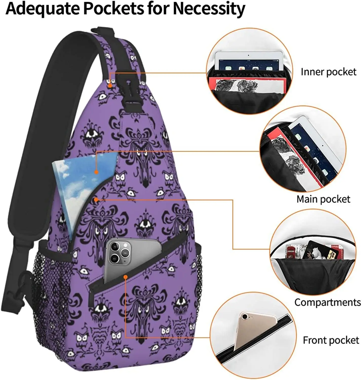 Haunted Mansion Sling Bag Crossbody Travel Hiking Chest Backpack One Shoulder Daypack for Women Men Unisex Cycling Gym