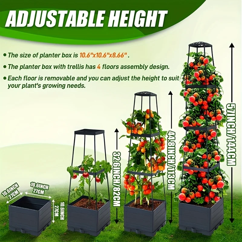 Tomato Cage with Automatic Watering Planting Box and Grid Rack for Rock Climbing Vegetable Plants, Suitable for Courtyards