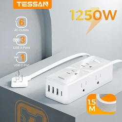 TESSAN Extension Cord USB Multicontact Power Strip Multiple Flat Socket with 6 AC Outlets & 4 USB Ports 5 Feet for Bedroom Home