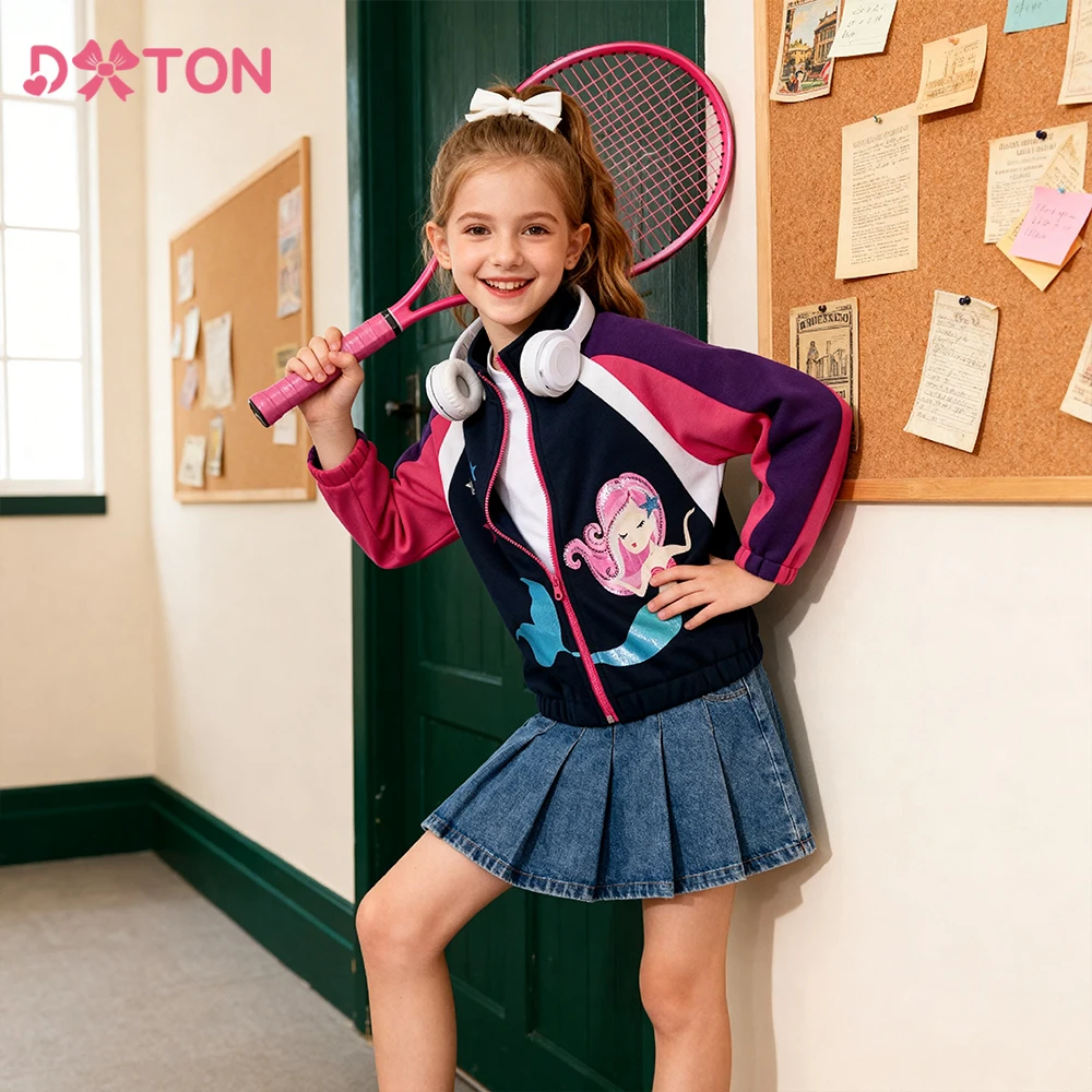 

DXTON Children Outerwear Jacket Spring Autumn Zipper Kids Girls Sporting Clothes Mermaid Cartoon Patchwork Toddler Casual Coat