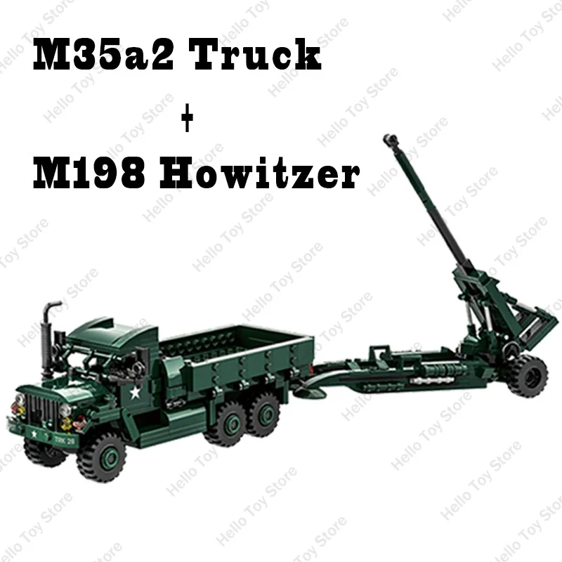 2024 WW2 Military Building Blocks Toys M198 Howitzer Air Defense Missile Car Model Army Missile Transport Vehicle Bricks HMMWV