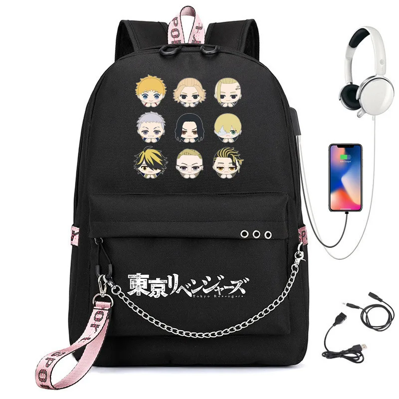 Anime Tokyo Revengers USB Backpack School Book Bags Travel Boys Girls Laptop Headphone USB Port Daily Mochila