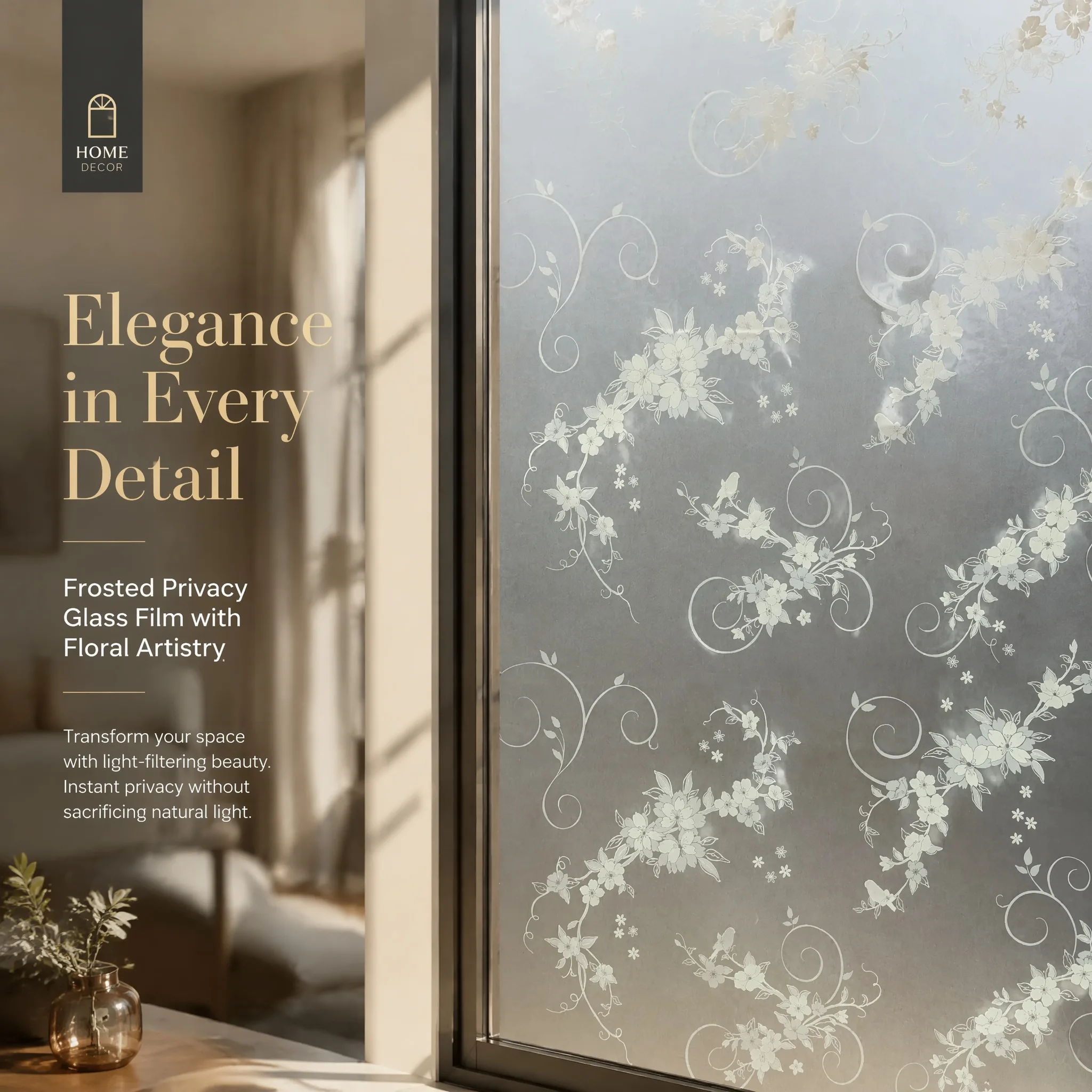 Elegant Vintage Vine Flower Bird Privacy Window Film Built-in Adhesive Soft Light Filter Cuttable Matte PVC for Warm Cottage