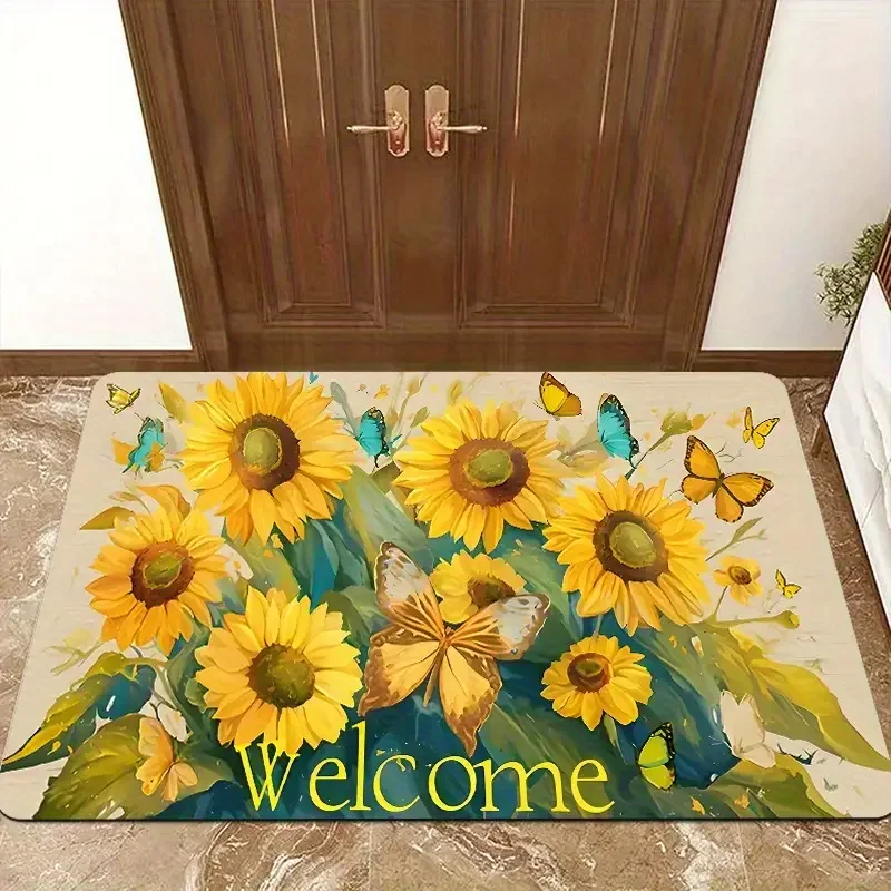 Welcome Floral Pattern Door Mat, Non-slip Washable Floor Mat, Decorative Carpet for Home Kitchen Living Room Outdoor Entrance
