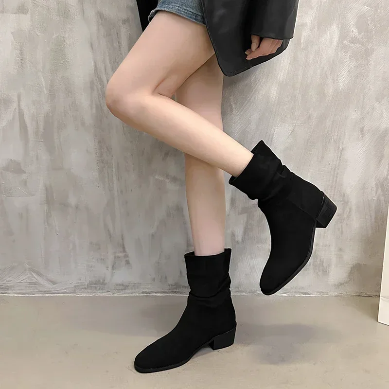 

Women's Chelsea Boots Simple Round Toe Suede Square Heel Mid-calf Boots Autumn Outdoor Comfortable Botines Mujer 2024 Tendencia