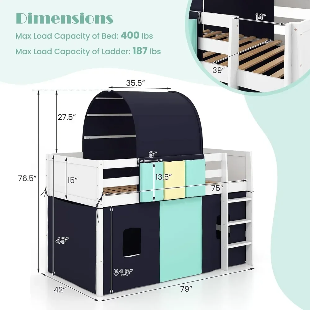 Children's double bed loft bed with tower, 3 storage bags, solid wood ladder, guardrail and wooden board, children's bed