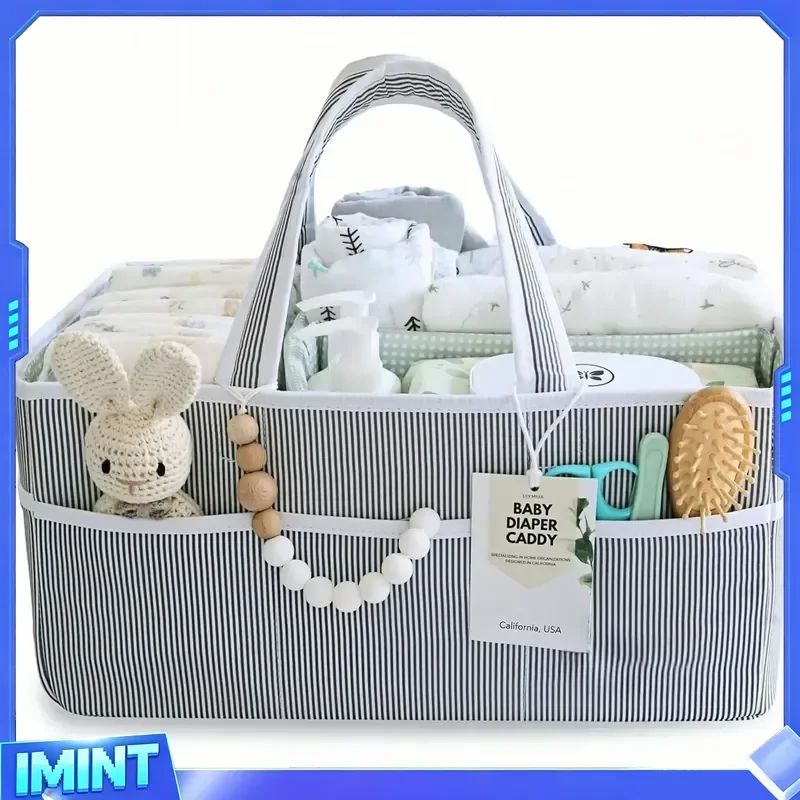 Fabric Diaper Caddy Organizer, Portable Breathable Cotton Nappy Storage Basket with 3D Structured Pockets,Baby Essentials