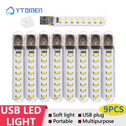 Mini lámpara LED portátil con enchufe USB, luz nocturna de lectura de energía de 5V para PC, portátil, banco de energía móvil, 9 piezas, 3/8LED