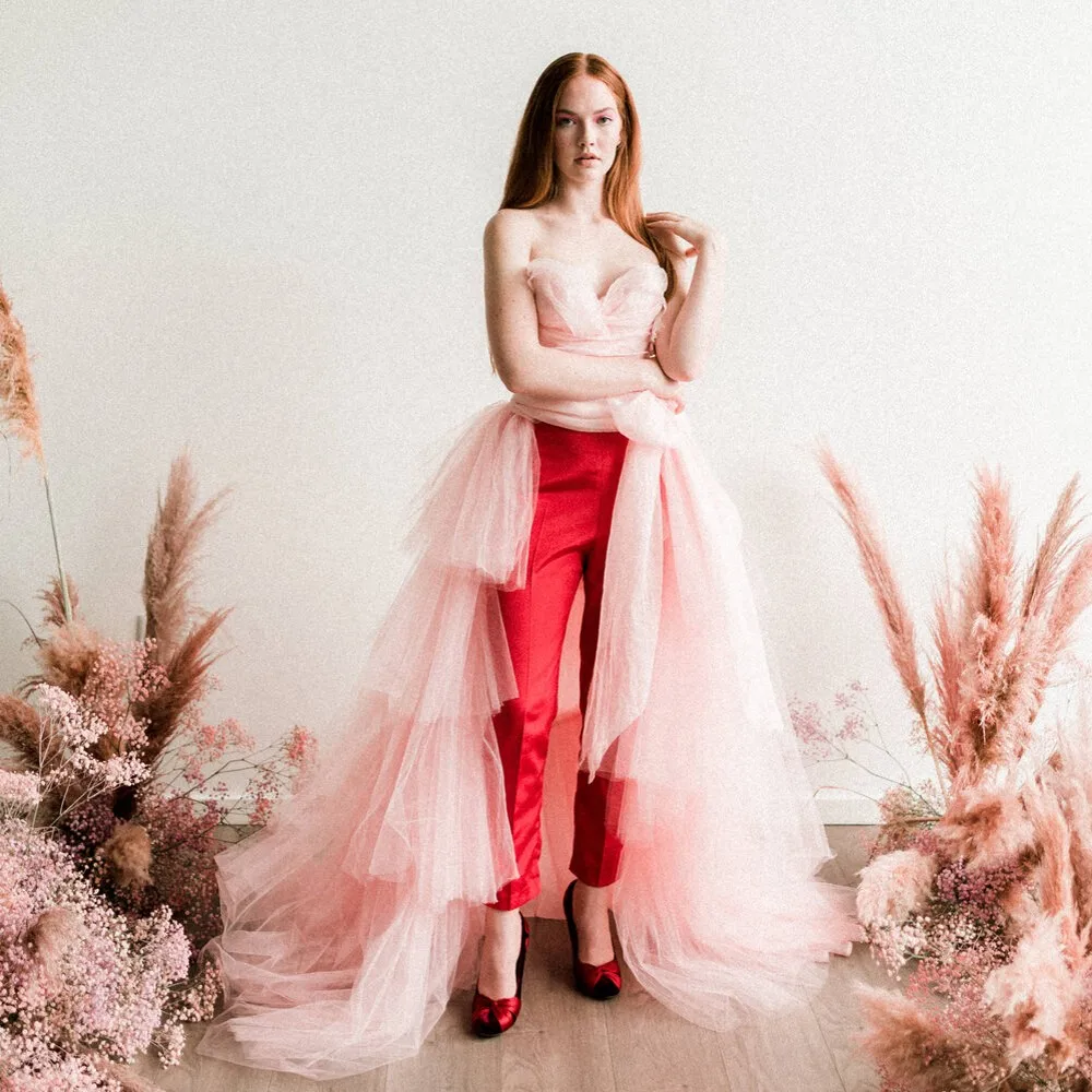 Pretty Blush Pink Women Top With Cute Bow Floor Length Tier Upon Tier Layered Tulle Long Women Bridal Top Blouse Lace Up Back