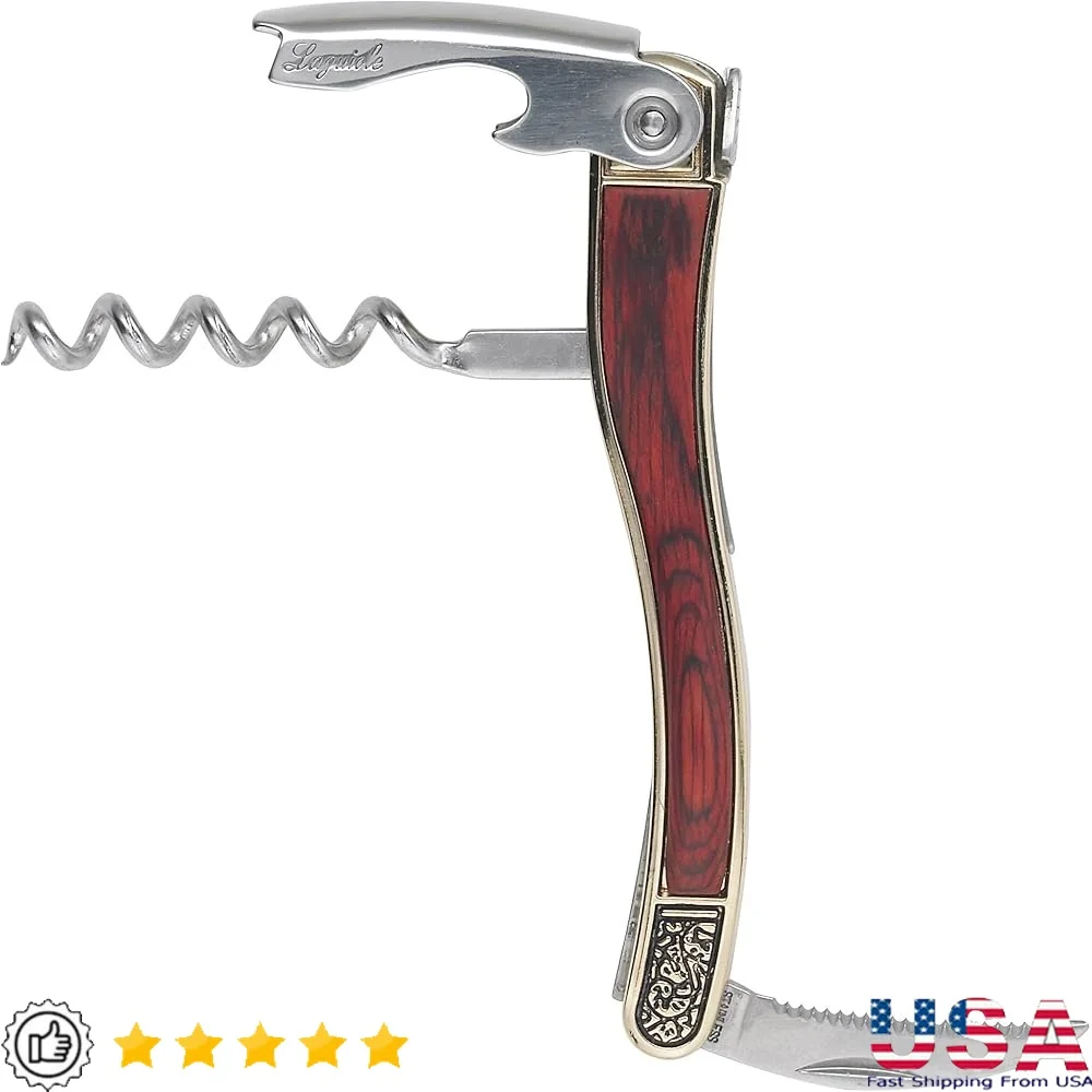 

Laguiole Waiter's Corkscrew Red Stablewood Handle Serrated Stainless Steel Blade Grooved Spiral Easy Wine Opener Tool