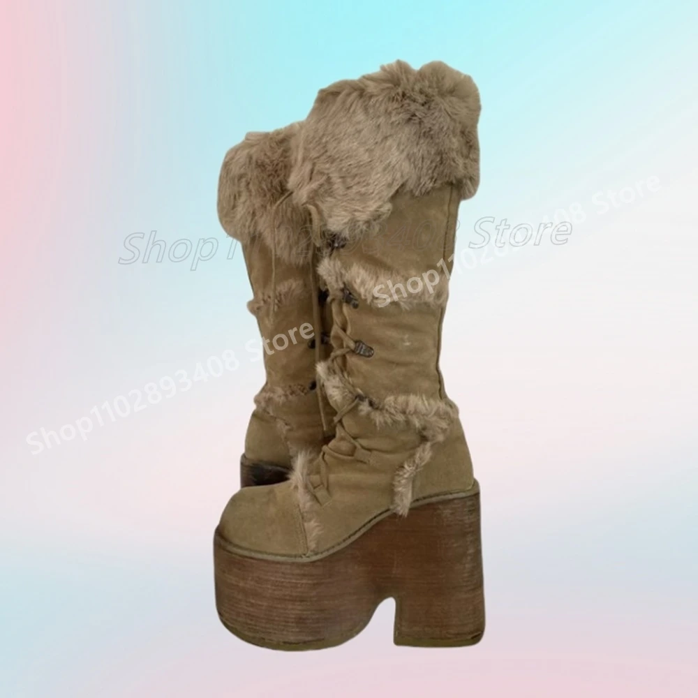 

Feather Strappy Snow Winter Boots Thick Chunky High Heel Waterproof Suede Round Toe Fashion Women Shoes 2025 Zapatos Para Mujere