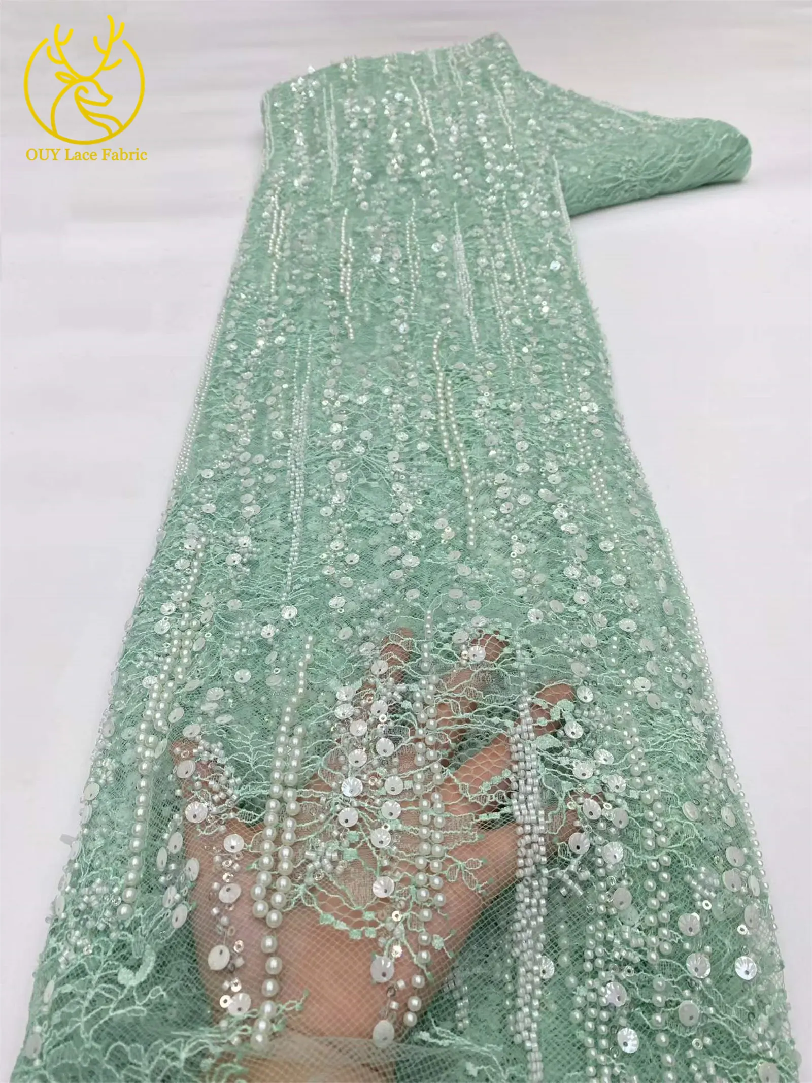 Afrikanischer Spitzenstoff, hochwertige französische Stickerei, Perlen, Pailletten, Tüll, Netzspitze für Frauen, Hochzeitskleid, Nähzubehör, 5 Yards – Detail 11