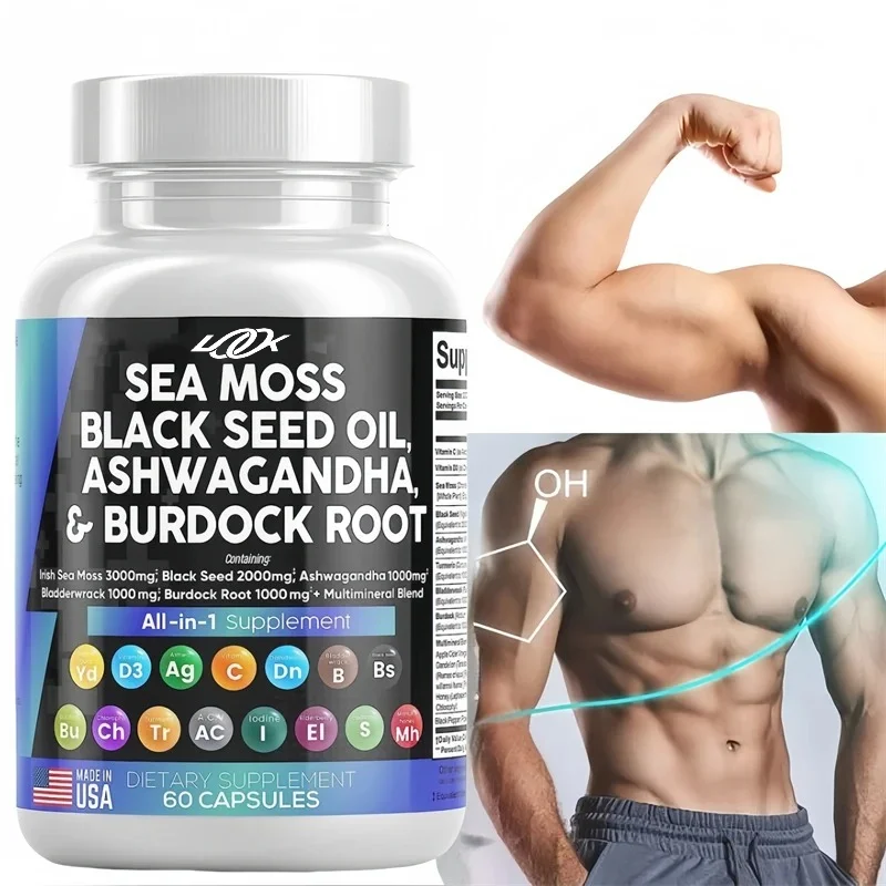 Natural Ashwagandha & Sea Moss Capsules for Men, Increase Energy & Endurance Permanently,with Burdock Root Vitamins & Minerals