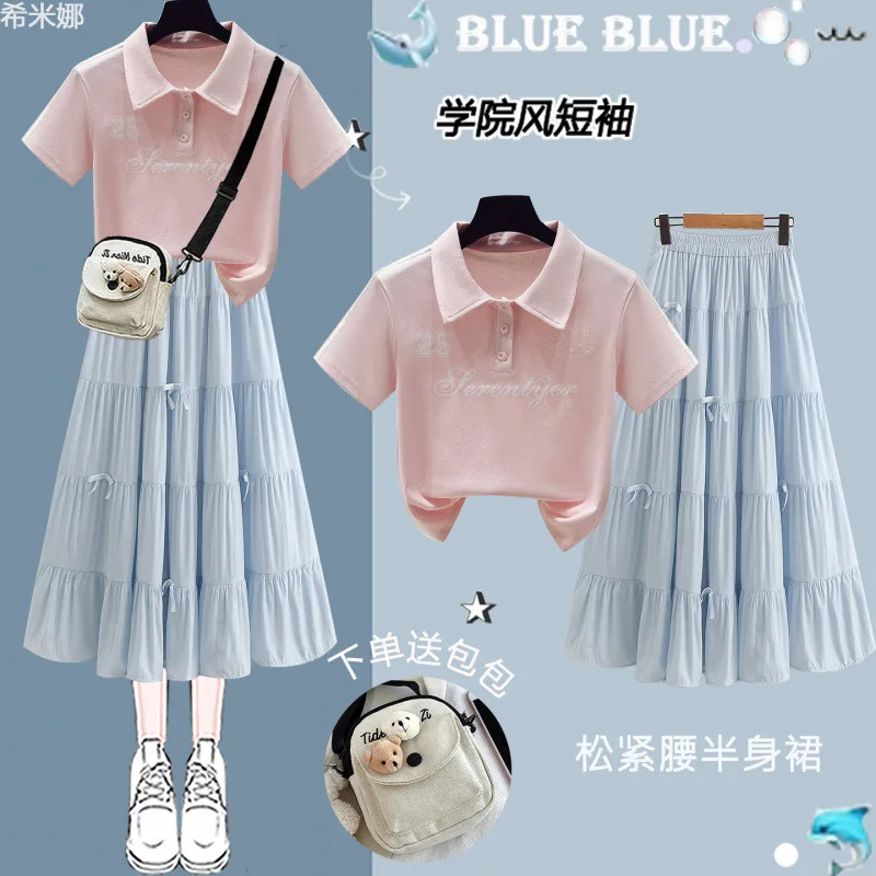 Sweet College Style Women's Suit 2026 Summer New T-shirt Top+casual Skirt Two-piece Set