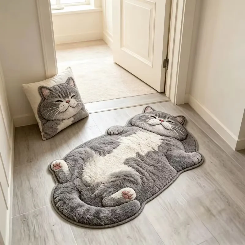 VIKAMA 3D Cat Shaped Plush Rug, Children's Room Bedroom Bedside Carpet, Bathroom Door Water Absorption Mat, Home Decoration