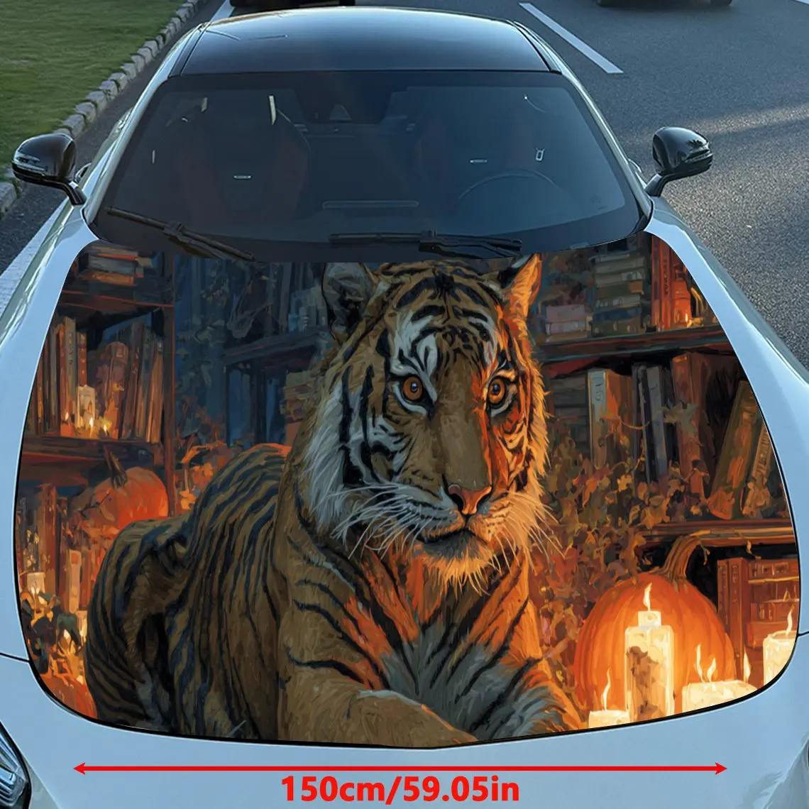 Fierce Flaming Tiger Car Hood Stickers - Self-Adhesive, Waterproof and Durable Vinyl Wrap, Decorate And Protect Your Car, Fit Fo