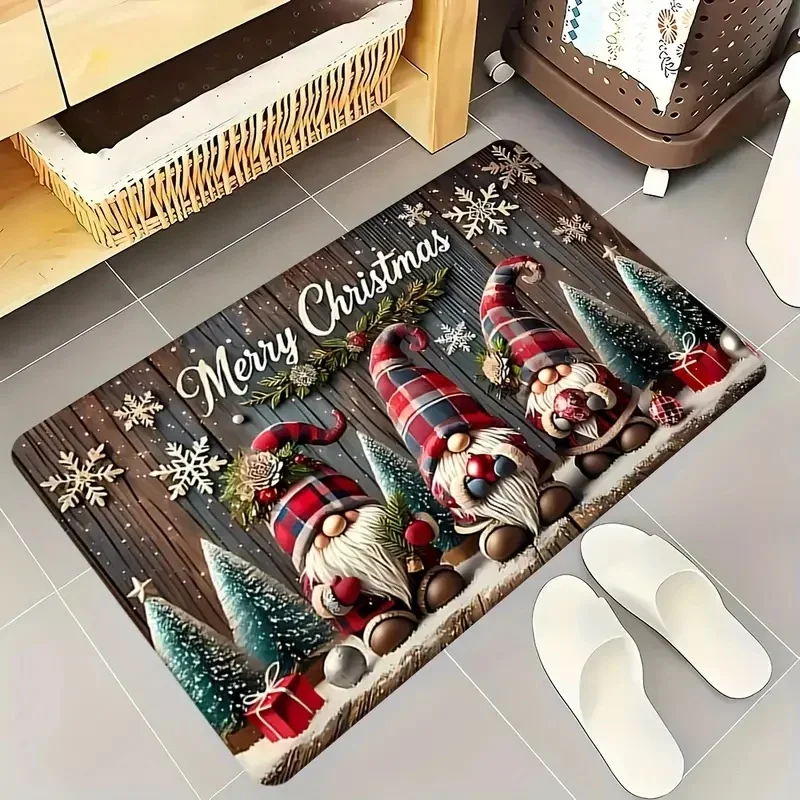 Christmas Gnome Doormat Snowflake Pine Tree Gift Pattern Decorative Floor Mat for Front Door Entryway Indoor Outdoor Home Decor