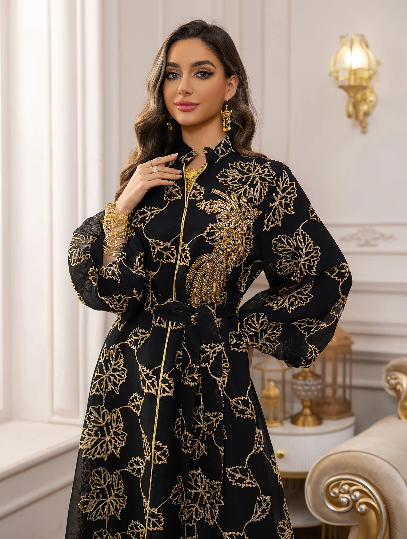 

Sophisticated Black Muslim Abaya Gold Floral Embroidered Middle Eastern Modest Islam Formal Wear Ideal for Arabian Gatherings