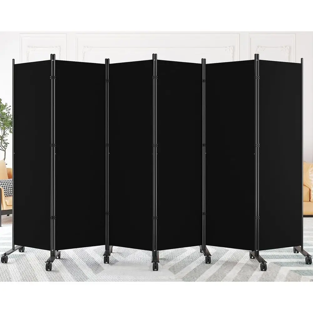 6-Panel Room Divider with Wheels, 132 Wide, Black Fabric Privacy Screen for Home, Dorm, or Office