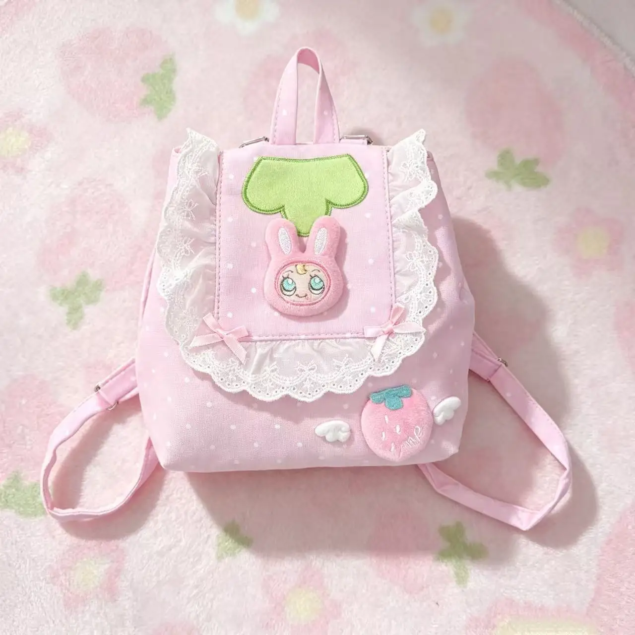 Japanese Cartton Mp Cute Backpack Autumn New Subculture Jojifuku Sweet Girl Strawberry Bow Lace Patchwork Student Schoolbag