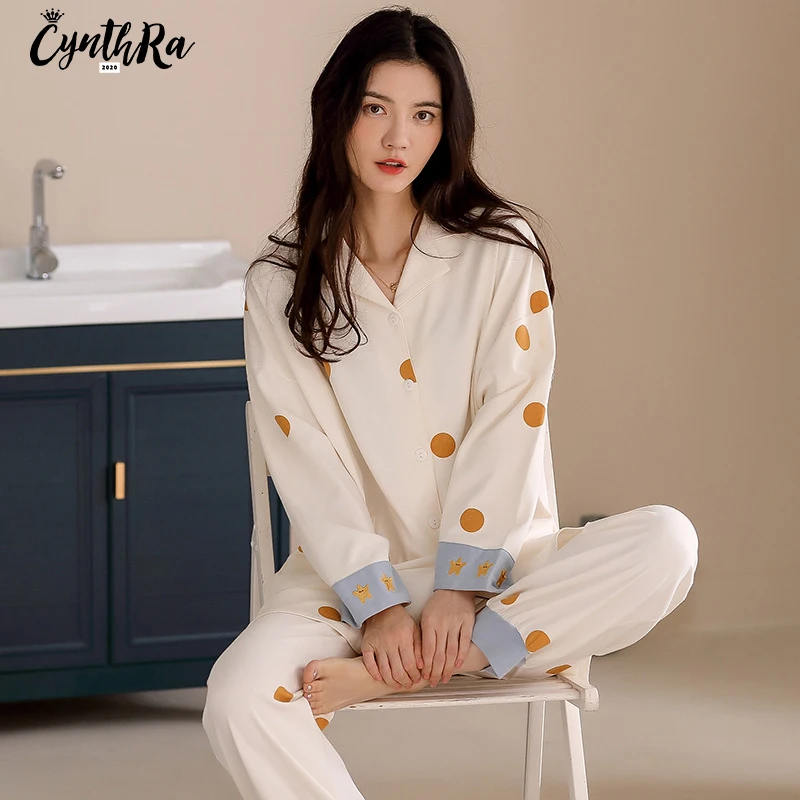 Sleepwear Long-sleeved Ladies Autumn Polka Dot Star Pure Cotton Cute Kawaii Daily Loose Keep Warm Pajamas Set For Women