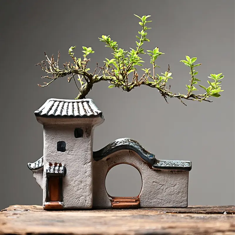 Chinese Antique House Retro Building Ceramic Flower Pot Decoration Garden Bonsai Figurines Miniatures Home Ornaments Free Ship