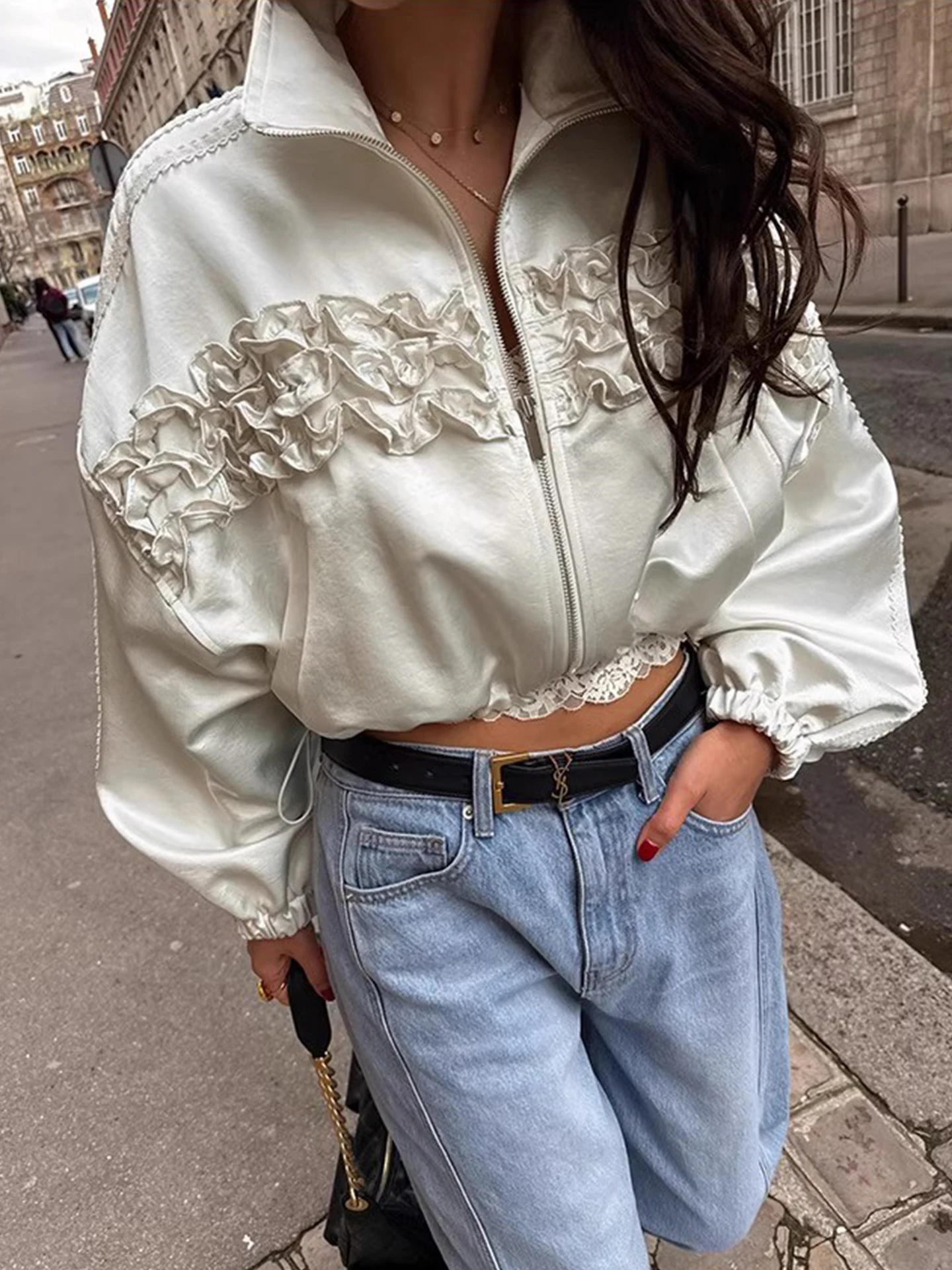 

Женский топ Jaet с рюшами и отделкой, осенний новый топ на молнии с завязками на молнии, повседневный универсальный длинный топ из полиэфирного волокна