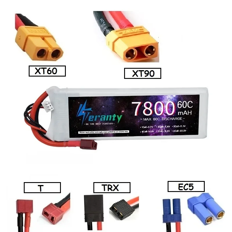7.4V 2S 7800mAh 60C TERANTY Lipo Battery Multi‑Connector XT60 XT90 EC5 TRX T Plug for RC Car Boat FPV Drone Helicopter