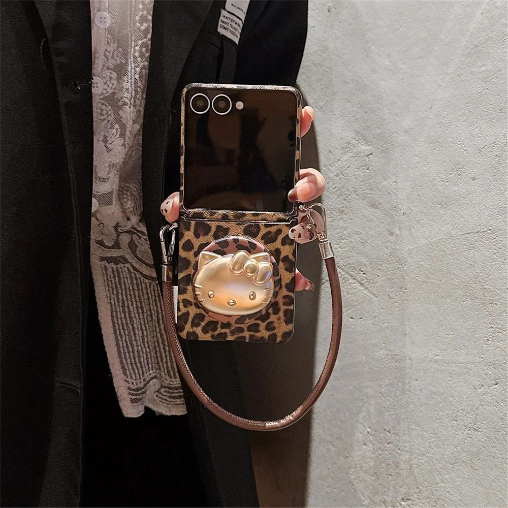 

Stylish Leather Leopard Print Magnetic Phone Case For Samsung Galaxy Z Flip 7 Flip6 flip5 6 Cover 3D KT Cat With Magsafe Holder