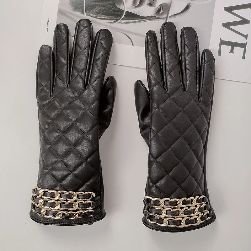 Women Black Chain Thickened Plush Inside Grid PU Artificial Leather Glove Sexy Female Nightclub Dance Punk Performance Mitten