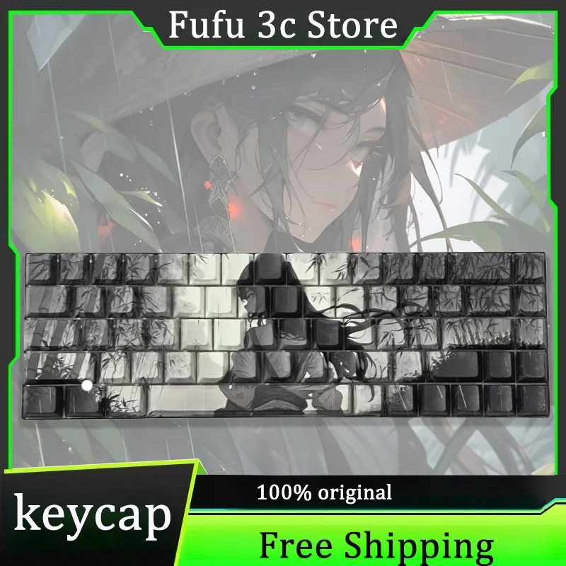 Bamboo Rain Theme Keycaps 95 Keys Cherry Profile Pbt Material Sublimation Mechanical Keyboard Cartoon Animation Gaming Keycaps