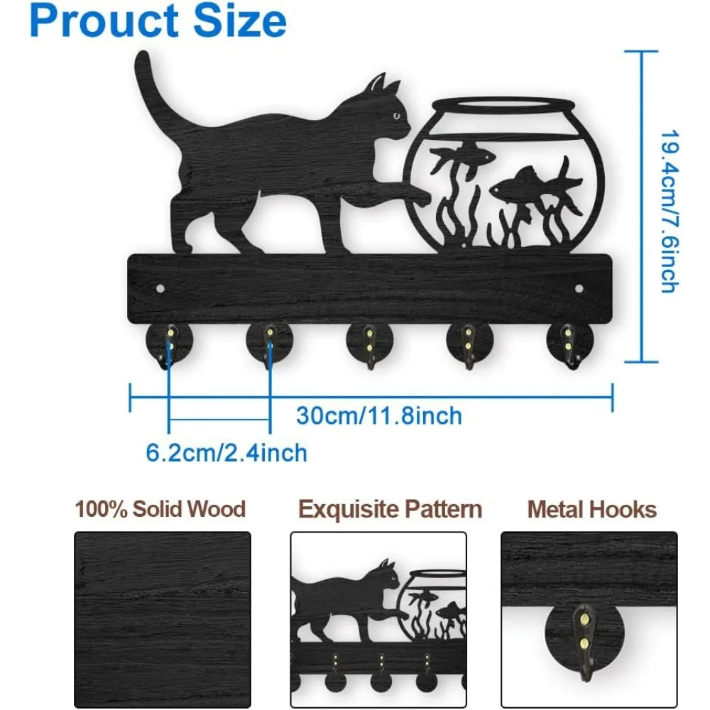 Cat Fish Tank Coat Rack Wall Mount Wood Cat Pet Animal Key Holder for Wall 11.8×7.6inch Cat Goldfish Key Rack 5 Alloy Hooks