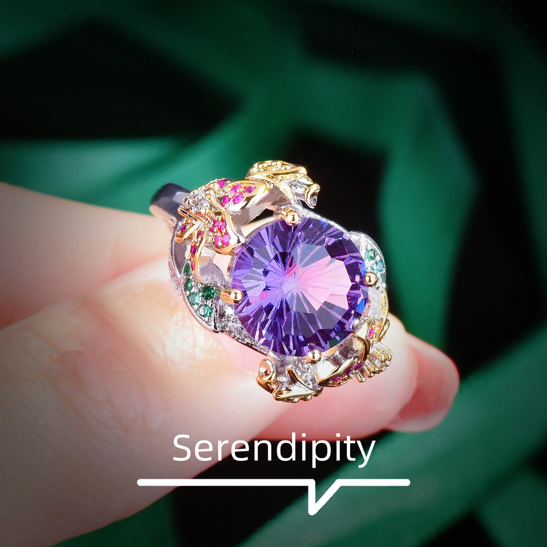 Adjustable Opening S925 Sterling Silver Ring Featuring Two Tone Gold Craft Handset Purple Diamond And Colorful Details