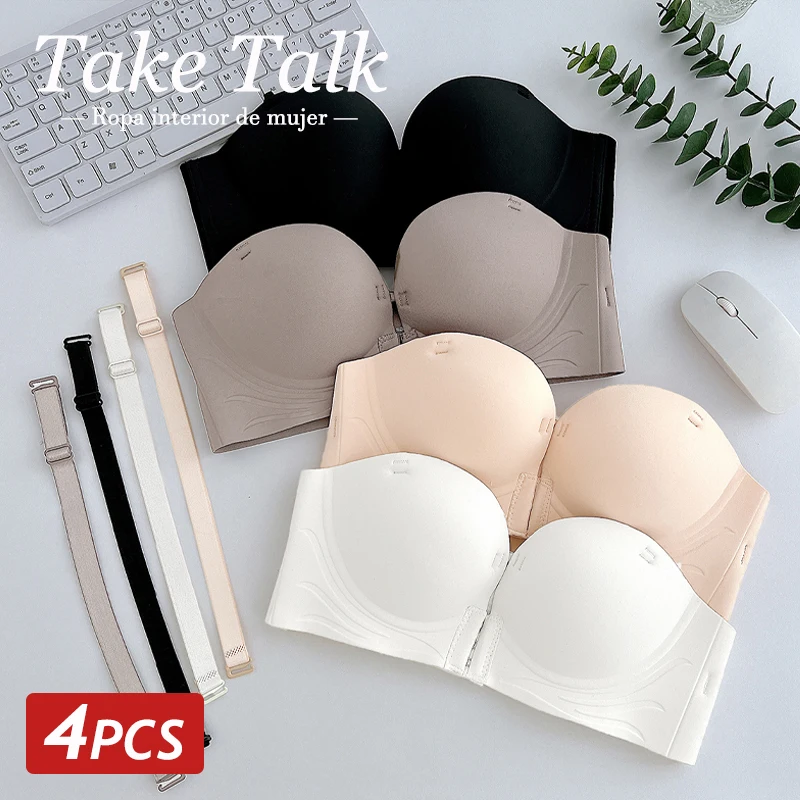 

4PCS/Set Women Seamless Bras Strapless Invisible Brassiere Front Closure Thick Push Up Sexy Lingerie Female Solid Soft Underwear