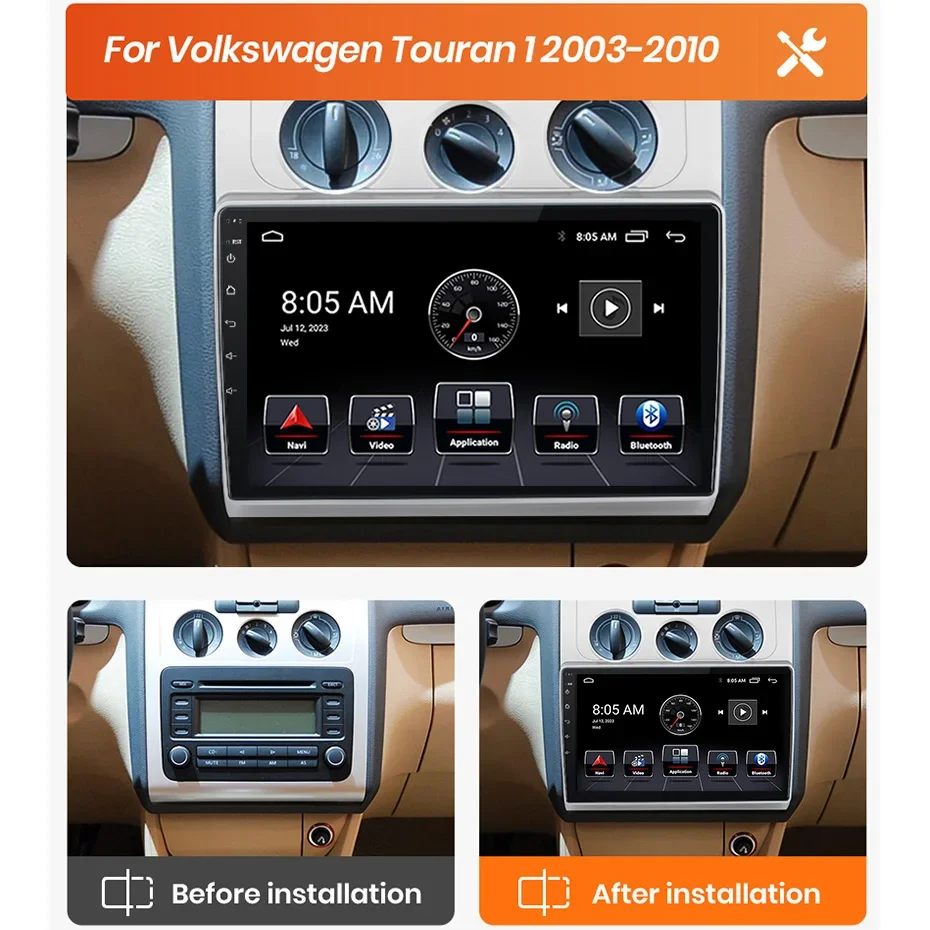 

Android 13 radio For Volkswagen Touran 1 2003 2004 2005 -2010 Car stereo Multimedia Player Carplay Auto GPS navigation 2DIN DSP