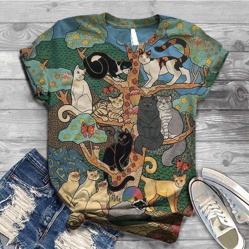 Novel Digital Printing Cat Pet T-shirt For Men And Women Street Daily Vintage T Shirts 2025 Fashion Summer Short Sleeve Plus Tee