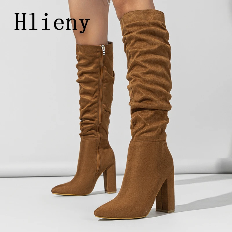 Hlieny Fashion Black Red Women Knee High Boots Sexy Pointed Toe Square High Heels Ladies Long Zipper Female Shoes Size 35-42