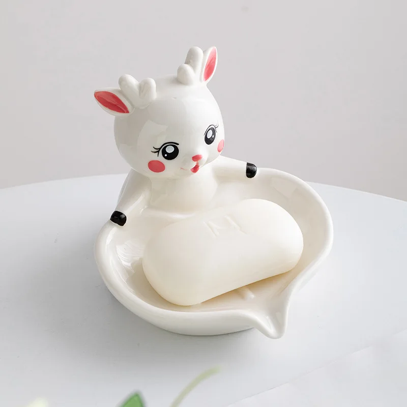 3D Cute Deer Ceramic Drainable SoapDish,Soap Holder Tray for BathroomB&B Hotel Kawaii Minimalist WashTable Storage DecorOrnament