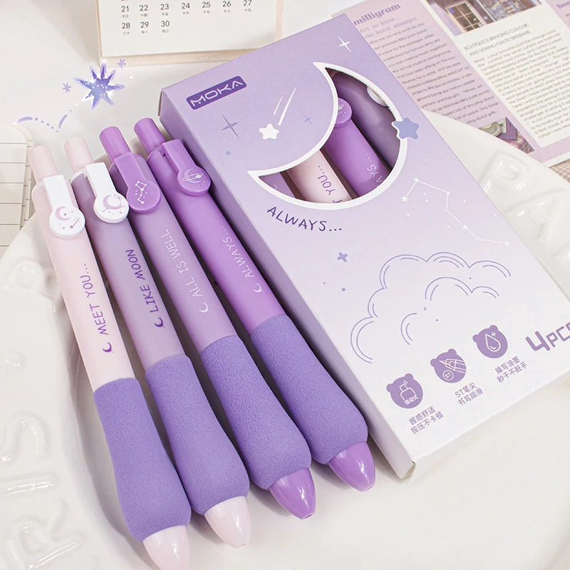 4pcs Purple Series Gel Pen Black Ink Writing Smooth Soft Pen Grip Quick-Drying Kawaii Stationery Elegant Pens Office Accessories