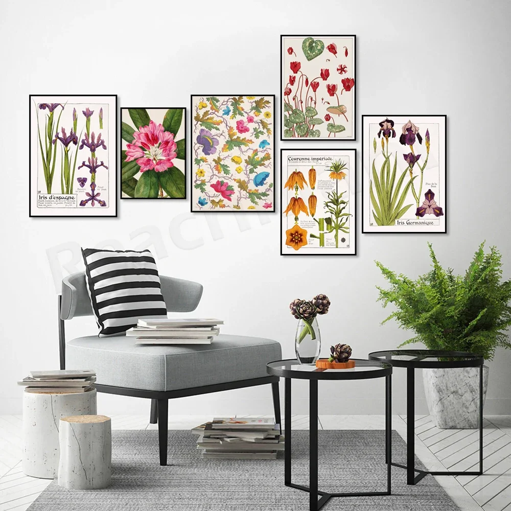 Art Nouveau poster, dandelion, gourd flower, pink rhododendron, watercolor magnolia, botanical illustration, french print
