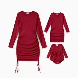 PatPat Wine Red Mommy and Me Dresses Ribbed Long Sleeves Ruched Drawstring Side