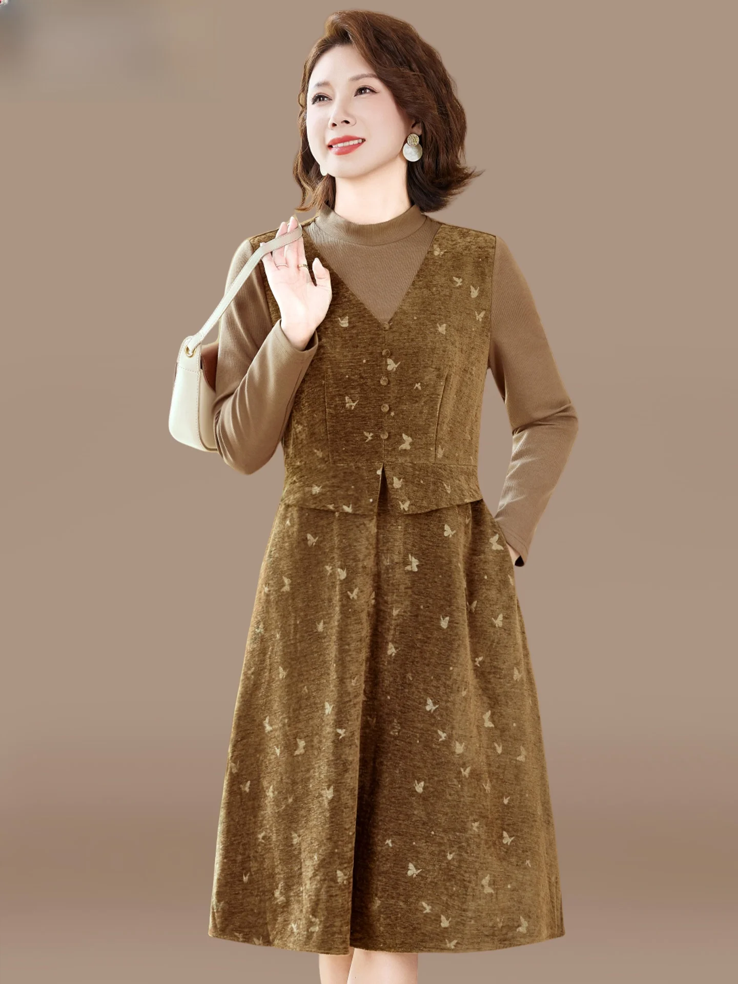 

Ele Midlife Mom Autumn Dr Faionable Base Layer Skirt for Women in Their 40s And 50s Polyester Velvet Material Midi L...