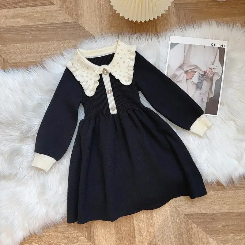 

2024 Baby Girls Knitted Sweaters Dress Elegant Girl Kids Beaded Fashion Knit Dresses Clothing Children Autumn Winter Clothes