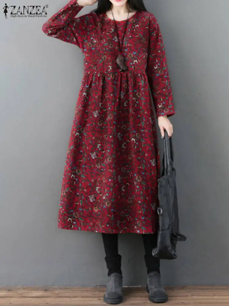 Vintage Sundress ZANZEA Women Autumn Long Sleeve Floral Printed Mid-calf Dress Retro Casual Loose Vestidos Kaftan Robe Femme