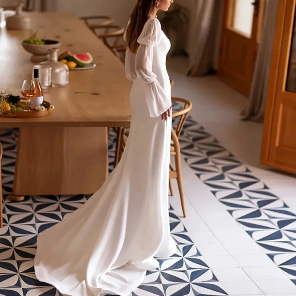 ที่กําหนดเองชุดเดรสเมอร์เมดสแควร์คอพัฟแขนเจ้าสาว Grown ง่ายความยาว Jersey Elegant Vestido de novia