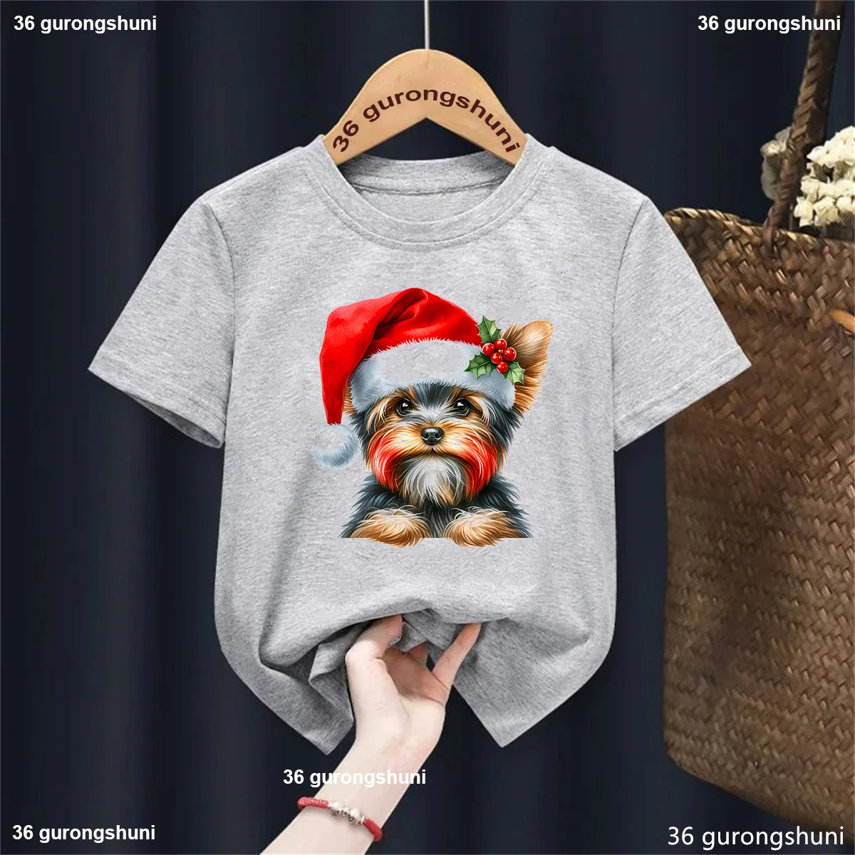 Christmas Yorkshire Terrier Animal Printed T Shirt Girls/Boys Kawaii Dog Kids Clothes Funny Solid T-Shirt Children'S Clothing