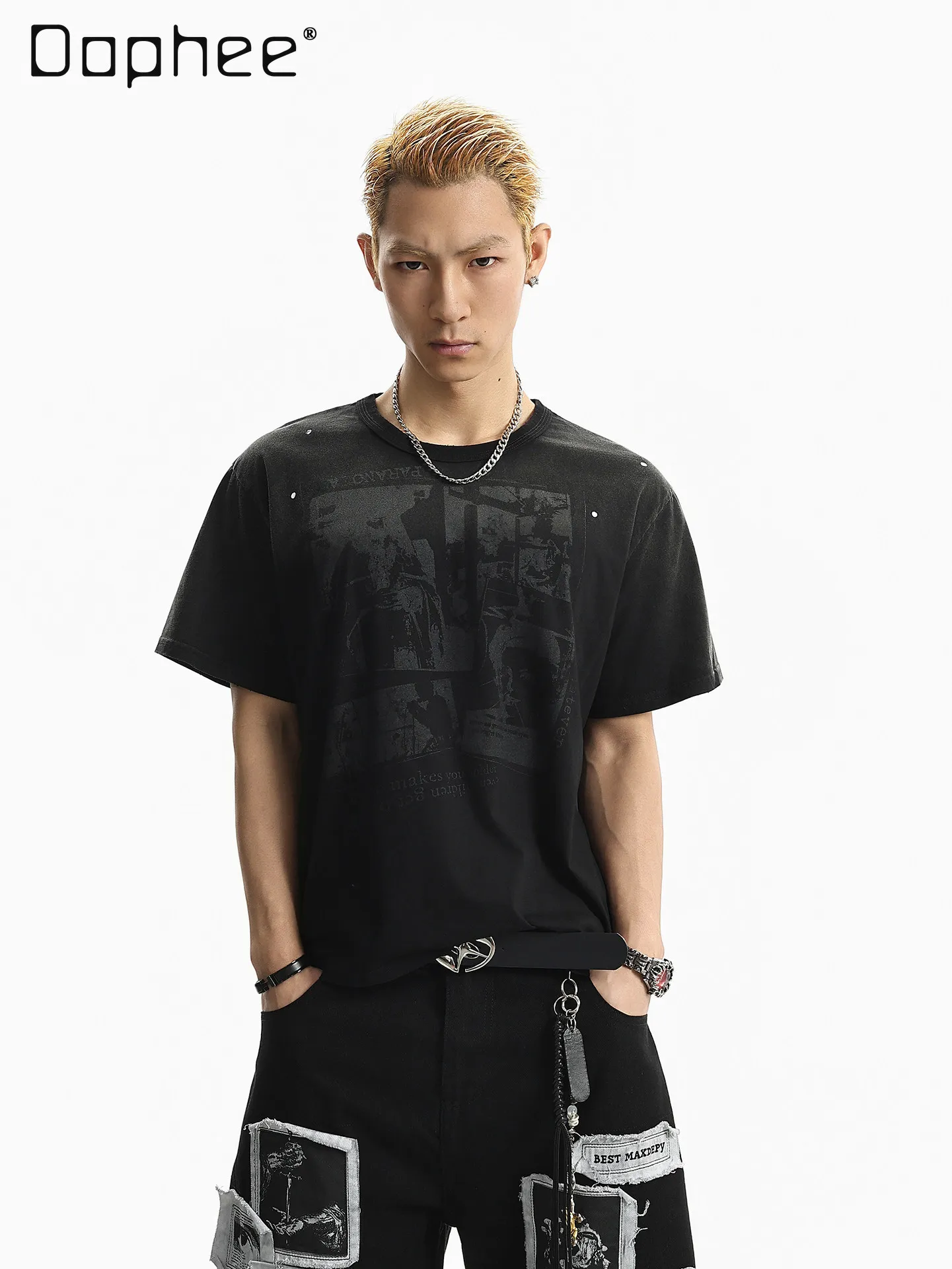 Summer New American High Street Style Men's Character and Letter Print Loose Casual Blue Black Round Neck Short Sleeve T-shirt