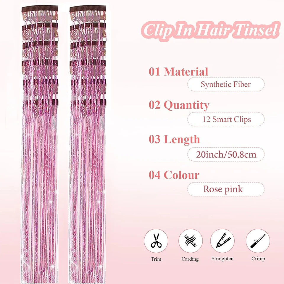 Paquete de 12 tinsel para cabello, accesorios brillantes de colores con clip, extensiones sintéticas 2
